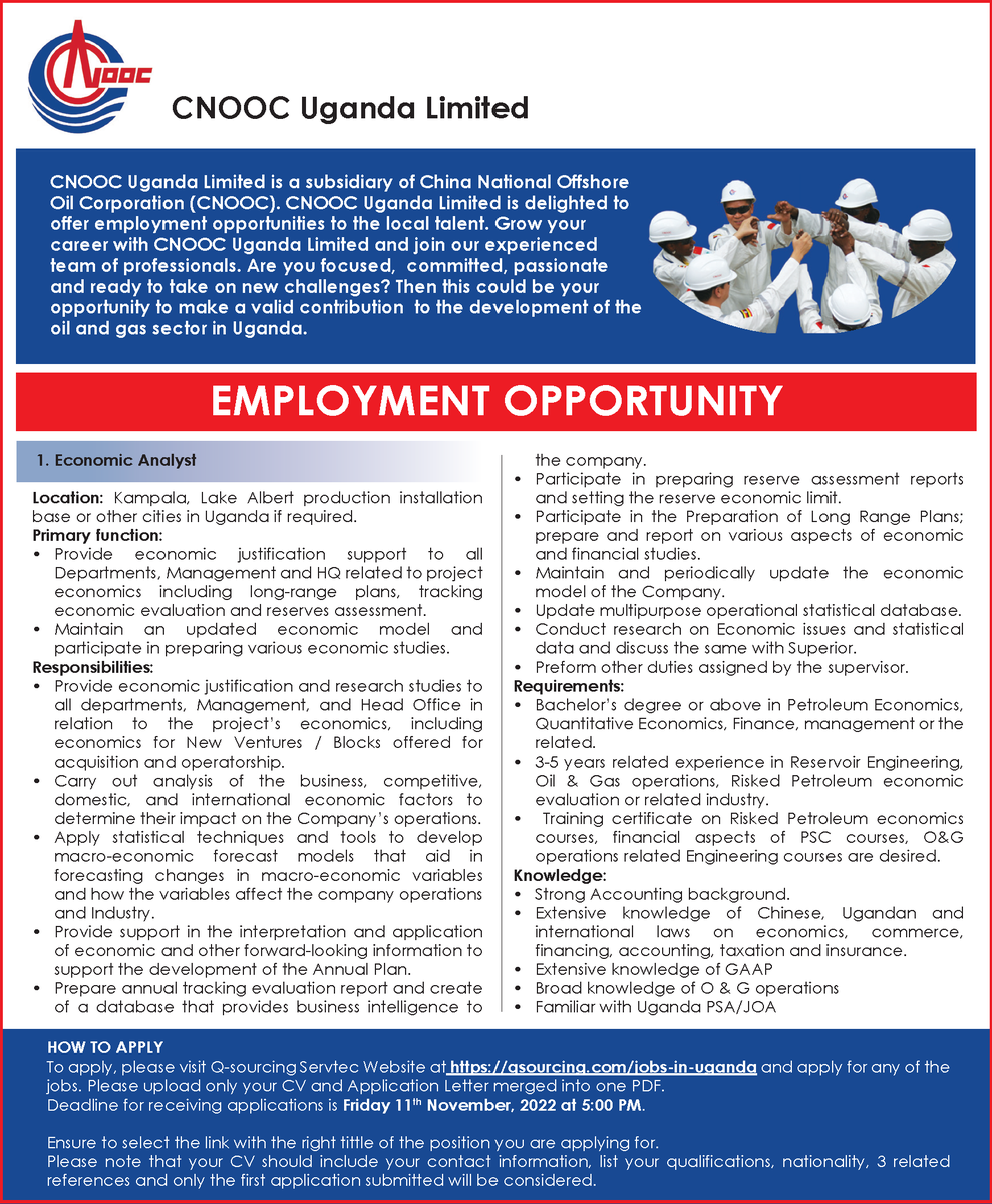 CNOOCUgandaLtd's tweet photo. WE ARE HIRING!!!!

Position: Economic Analyst

Please visit. https://t.co/19kJQQrkcX before Friday 11th November 2022 at 5:00PM to apply. Upload only your CV and Application Letter merged into one PDF. Ensure to select the link with the right title of the position. https://t.co/FEWiYW54IT