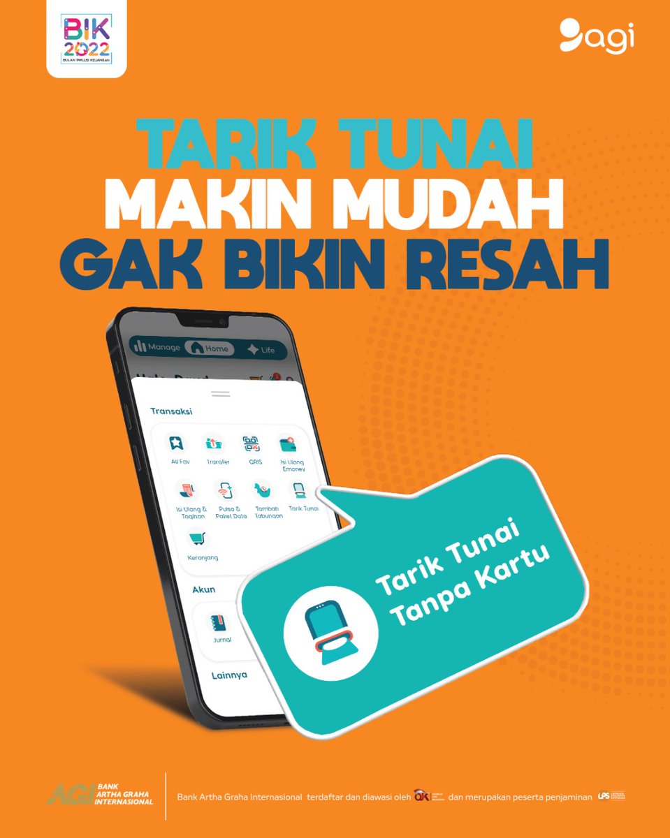 Kini tarik tunai makin mudah lewat agi. Kamu bisa coba fitur cardless withdrawal, tetap bisa ambil uang di ATM walaupun kartu ATM ketinggalan! Yess, sekarang nggak perlu resah lagiiii walapun ga bawa kartu ATM~

#naiklevellagi
#agibybankarthagrahainternasional