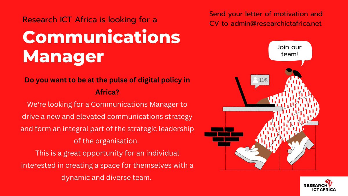 #jobopportunity 
<a href="/RIAnetwork/">Research ICT Africa</a> is looking for an experienced Communications Manager to drive a renewed strategic communications agenda. The role will involve a significant focus on supporting our work at the Global Index on Responsible #AI.

More Info: bit.ly/3NfeglW