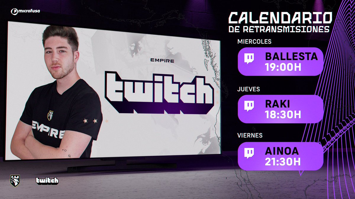 #Twitch | Este es el calendario de retransmisiones que tendremos esta semana 🔴

X-2 19:00h <a href="/ballestitaaa/">Ballesta</a> 
J-3  18:30h <a href="/rakinoseq/">MT Raki 𐐂𐐚</a> 
V-4 21:30h <a href="/Ainoaplazilla/">Ainoa🙂</a> 

📺 twitch.Tv/empireclub_eu

¡Os esperamos águilas! 

#4Glory 💛🖤🦅