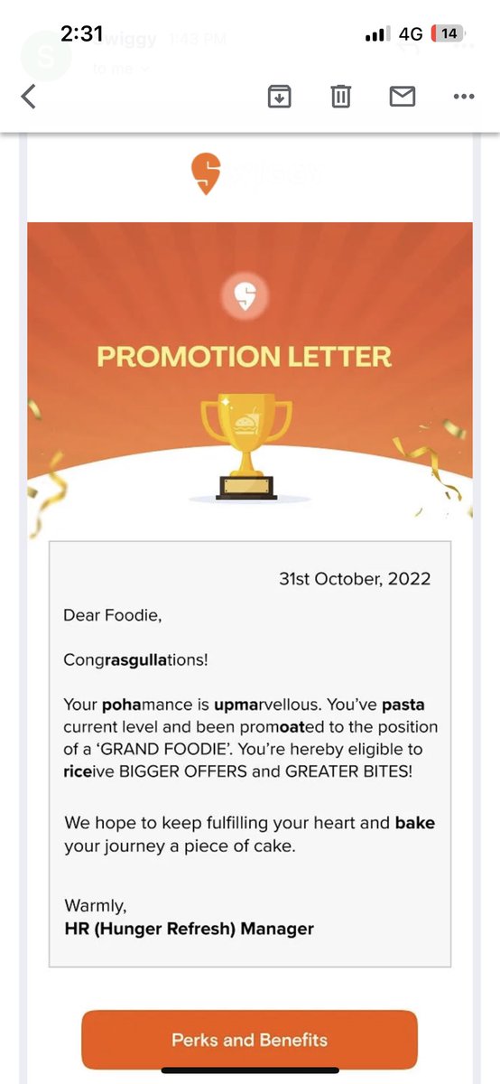 _PManisha's tweet photo. Such a swaa’d’ email prom’oat’ion! 😄😄 #swiggy @Swiggy https://t.co/WpsC4V534Z