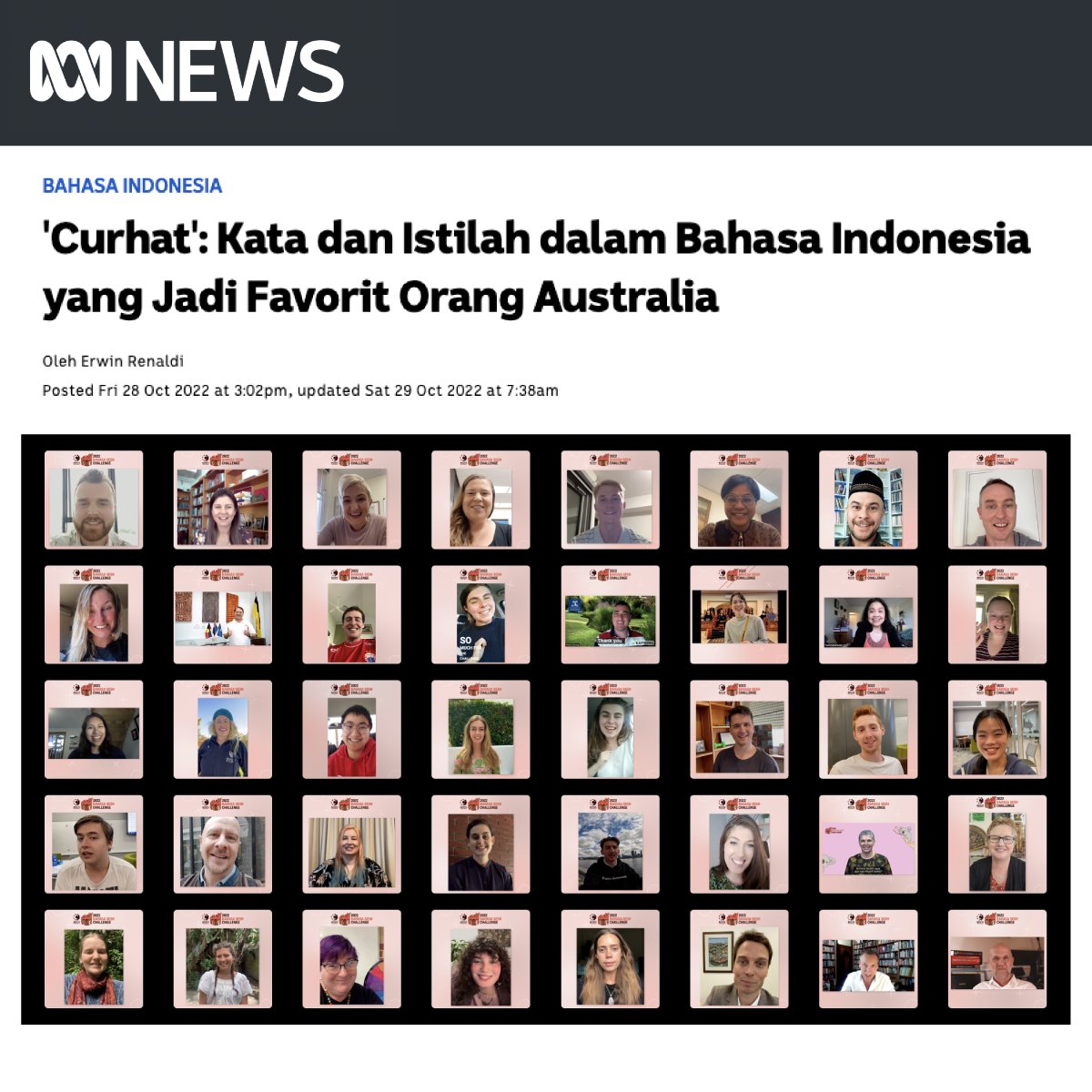 Acicis (@acicis) on Twitter photo Check out this write-up (in Indonesian) of the <a href="/ACICIS/">Acicis</a> 2022 #BahasaSesh Challenge from <a href="/abcaustralia_id/">ABC Indonesia</a> journo <a href="/erwin_renaldi/">Erwin Renaldi</a>
The competition concluded last week with the announcement of the winning word "curhat" submitted by Delta Willa from Melbourne.
abc.net.au/indonesian/202… Check out this write-up (in Indonesian) of the <a href="/ACICIS/">Acicis</a> 2022 #BahasaSesh Challenge from <a href="/abcaustralia_id/">ABC Indonesia</a> journo <a href="/erwin_renaldi/">Erwin Renaldi</a>
The competition concluded last week with the announcement of the winning word "curhat" submitted by Delta Willa from Melbourne.
abc.net.au/indonesian/202…