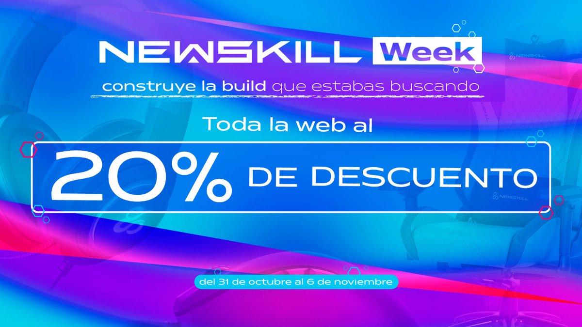 newskill_ES's tweet photo. ¡Damos comienzo a la #NewskillWeek! 🥳
Del 31 de octubre al 6 de noviembre TODA la web al 20% de descuento, sí, has leído bien: todos los productos.
Sillas, monitores, mesas, teclados...TODO😏
El descuento se aplica al añadir el producto al carrito 🙃
👉https://t.co/trqiqqO3ZU https://t.co/OdKpjBcDpu