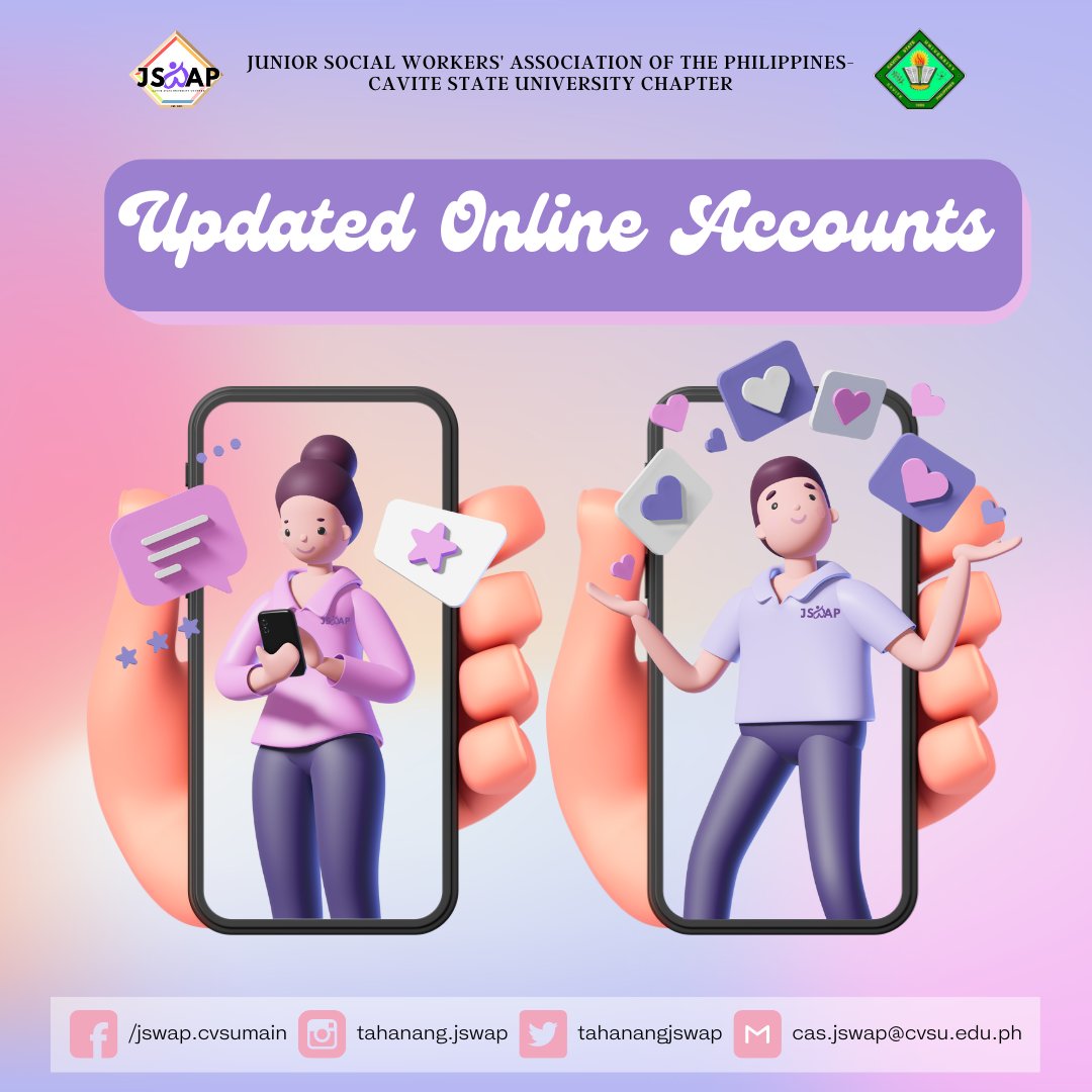 TahanangJSWAP's tweet photo. Heads up, JSWAP Fam! 📢

Have you heard the news? 🤔 Well, the JSWAP CvSU Chapter social media accounts are now available on different platforms! Follow and connect with us on:

📌Gmail:
cas.jswap@cvsu.edu.ph

📌Facebook: 
https://t.co/GC09JbvnyS + https://t.co/XvO1rBYdc0