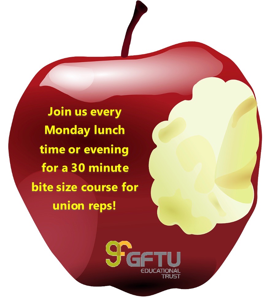 Bite Size Online Sessions - November 12.30pm / 6pm. 7th - Flexible working 14th - How family friendly is your employer and workplace? 21st - Getting equality onto the bargaining agenda 28th - Where next for GFTU bite size and learning? gftu.org.uk/bitesize/