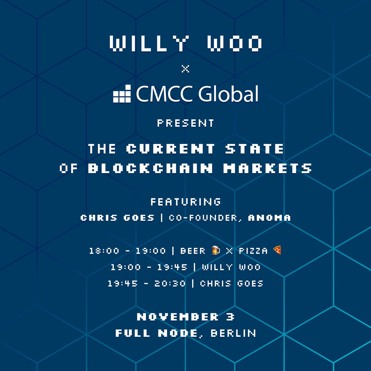anoma's tweet photo. This Thursday at @fullnode_berlin catch:

@willywoo presenting on "The current state of blockchain markets"

Followed by a fireside chat between @CMCC_Global's @chtmorris and co-founder @cwgoes on Anoma and @namadanetwork

Come early enough for the beers and pizza! https://t.co/watZDgLBnG