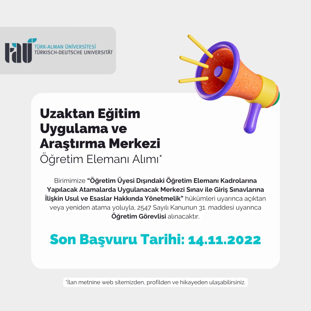 Türk-Alman Üniversitesi Uzaktan Eğitim Uygulama ve Araştırma Merkezi Öğretim Elemanı Alımı İlan Metnine 3fcampus.tau.edu.tr/uploads/announ… linkinden ulaşabilirsiniz.