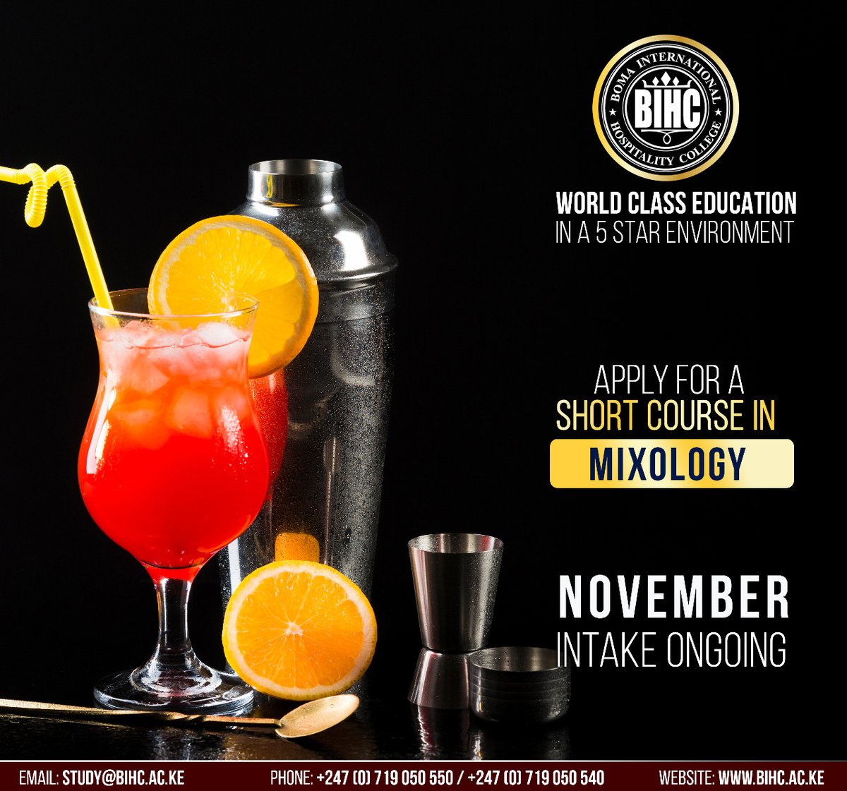 bomacollege's tweet photo. Are you fascinated with mixology? Would you like to learn how to prepare cocktails as well as costing &amp; beverage merchandising?

Join our Saturday only class commencing November 5, 2022 at a Cost of Ksh 35,000.

To apply, please follow this link: https://t.co/K7AZBagJCT https://t.co/0gcNC9d0lb