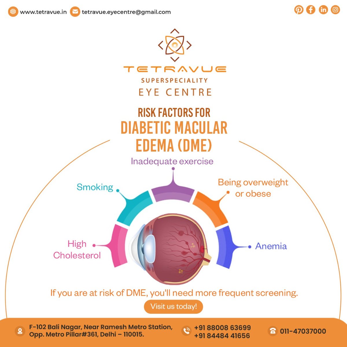 DME is a complication of diabetes caused by fluid accumulation in the macula that can affect the fovea.
#DME #eyecentre #Tetravue #eyehealth #diabeticmacularedema #diabetes #diabeticeyedisease #drnehagoel #drnehamidha #eyeexam #eyehealth #vision #contactlens #eyedoctor #sight