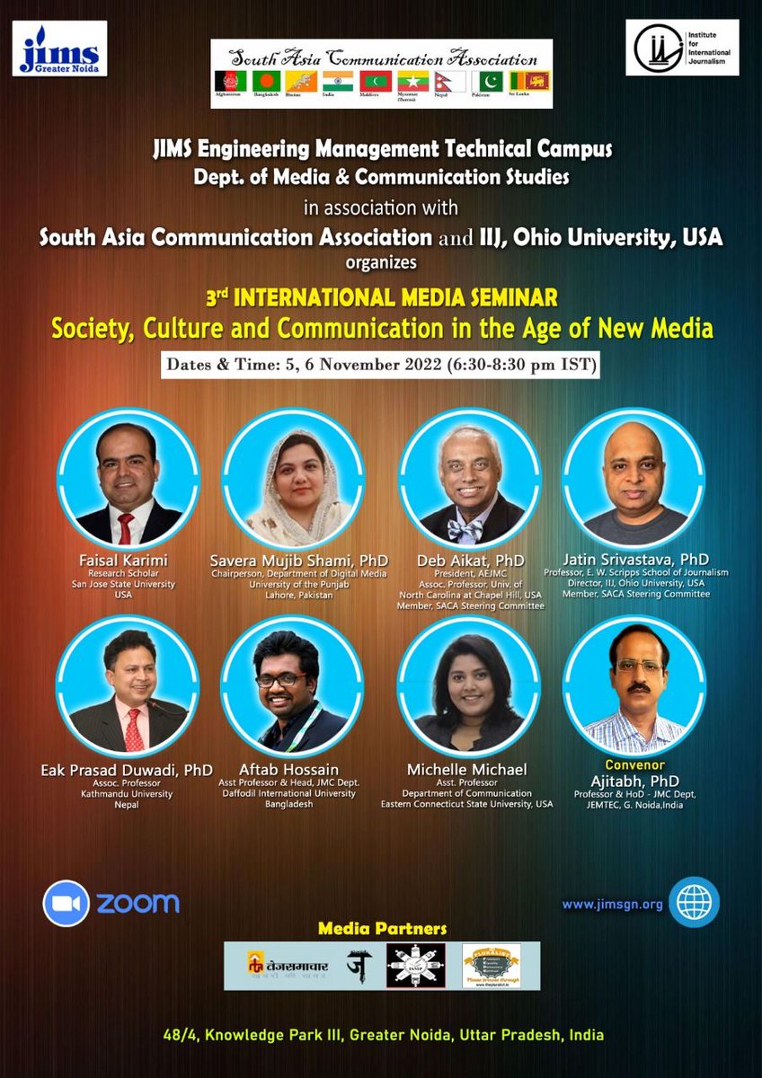 IIJ is collaborating with the South Asia Communication Association (SACA), and JIMS, NOIDA, India, to organize an international web seminar. 
Please click the following link for free registration to the event: forms.gle/JiCnxUzcCG34SU…