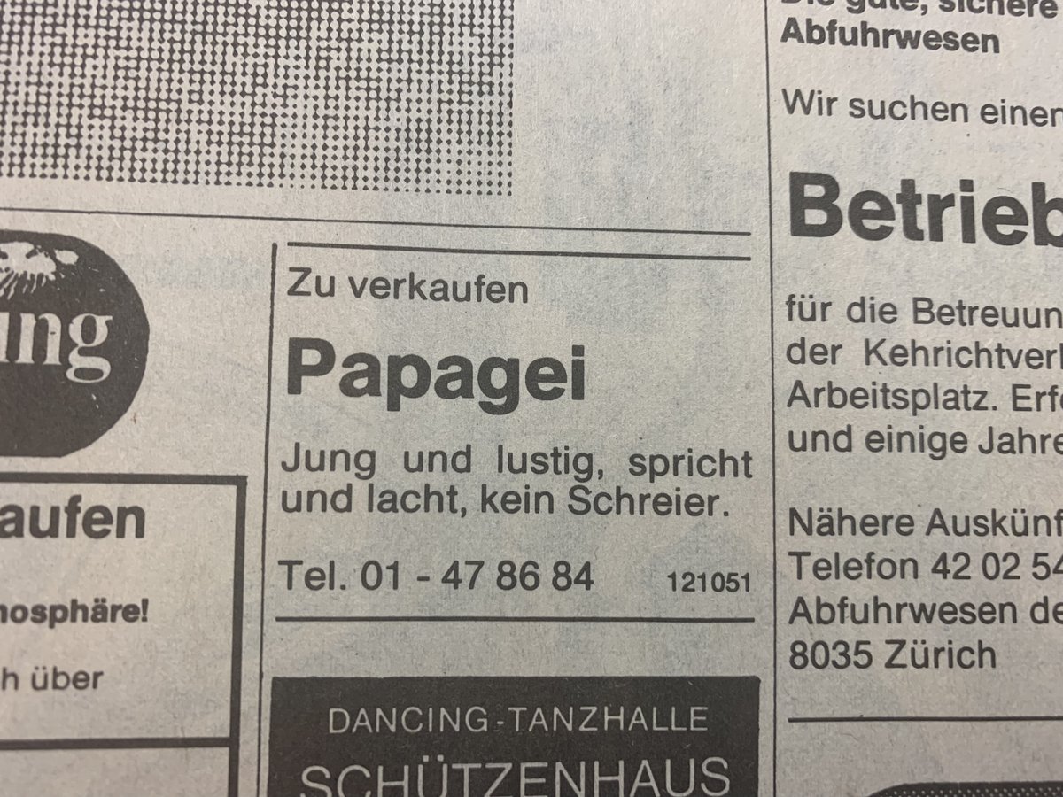Neulich im Archiv: In einer <a href="/Blickch/">Blick </a>-Ausgabe von 1982 auf dieses Inserat gestossen. Auf Twitter haben sich andere Vögel durchgesetzt.