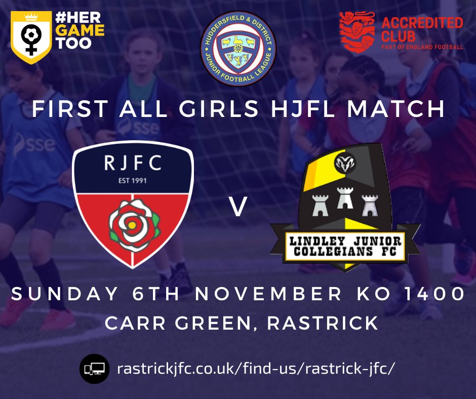 This Sunday 6th November will go down in the Huddersfield Junior Football League history book, with our first ever 𝘼𝙡𝙡 𝙂𝙞𝙧𝙡𝙨 𝙁𝙞𝙭𝙩𝙪𝙧𝙚 since the league was established in 𝟭𝟵𝟳𝟯.