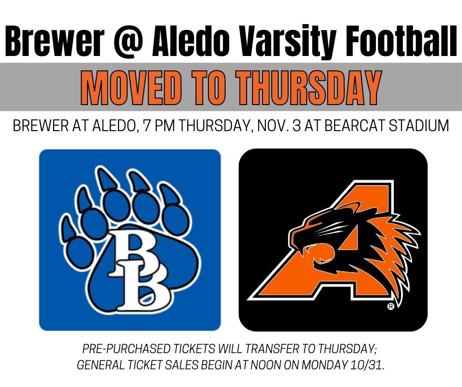 AledoISD's tweet photo. 🚨IMPORTANT ANNOUNCEMENT🚨 Brewer at Aledo varsity football game will now be played at 7PM Thurs 11/3, at Bearcat Stadium. 

Sub-varsity games will be Wed. 11/2. Tickets pre-purchased will be transferred to Thursday; general ticket sales will begin at noon 10/31.

@AledoAthletics https://t.co/wm2VWsUzPs