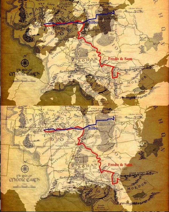 ¿Cuánto viajaron Bilbo y Frodo en sus viajes? Frodo y Sam viajaron casi 3000 kilómetros. Bilbo viajó más de 1500 kilómetros.