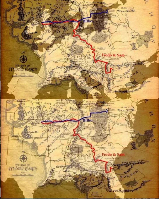 ¿Cuánto viajaron Bilbo y Frodo en sus viajes? Frodo y Sam viajaron casi 3000 kilómetros.Bilbo viajó más de 1500 kilómetros. 