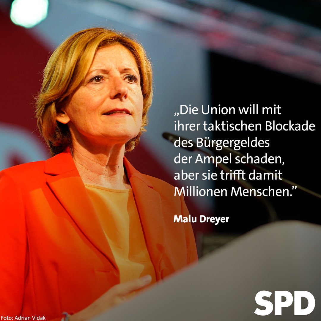 spdrlp's tweet photo. Malu #Dreyer: „Die Union will das #Bürgergeld blockieren und damit der Ampelregierung schaden. Aber sie trifft dadurch Millionen Menschen, für die das Bürgergeld eine große finanzielle Erleichterung in sehr schwierigen Zeiten bringt.“ https://t.co/2oro2c4bZF