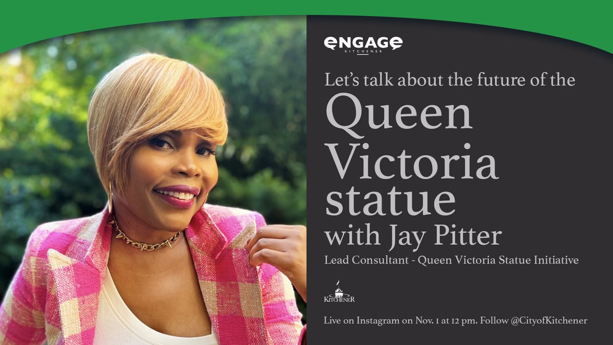 CityKitchener's tweet image. Join us for an Instagram Live (instagram.com/cityofkitchener) on Nov 1 at noon with Ms. Jay Pitter (Lead Consultant - Queen Victoria Statue Initiative) where you can ‘Ask Jay Anything’ about the future of the Queen Victoria Statue project &amp;amp; process.

Learn more: engagewr.ca/queenvictoria