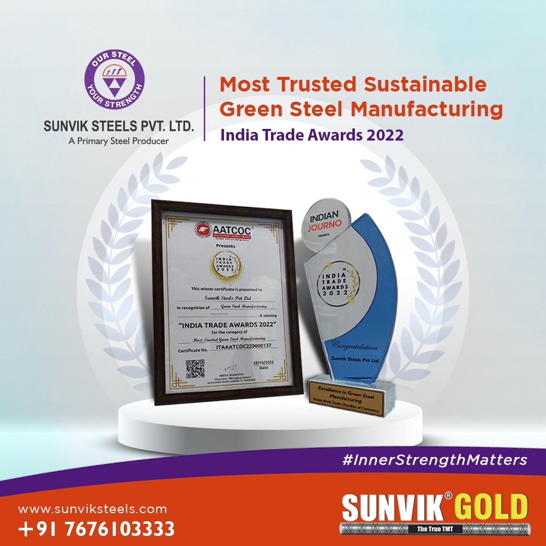 Sunvik_Steels's tweet photo. Sunvik has been awarded the "Most Trusted Sustainable Green Steel Manufacturing" at the India Trade Awards 2022 under the Green Steel Manufacturing category by the Asian Arab Trade Chamber of Commerce.
#SunvikSteel #GreenSteel #TMTbars #steel #Sustainable #indiatradeawards2022 https://t.co/FcKWrCUSzl