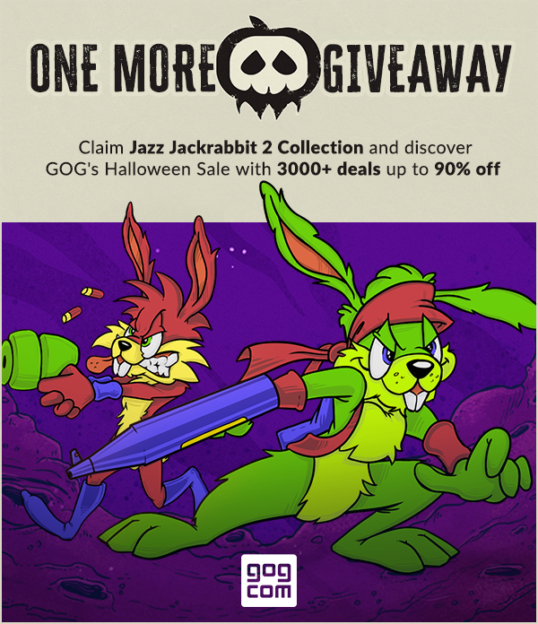 GOGcom's tweet photo. Trick or treat! (We've brought treats 👁️)

Jazz Jackrabbit 2 Collection is FREE for the next 72 hours on GOG 💜 https://t.co/acl2RLnpTi

Let your friends, your family and your dog know about this jazzy giveaway! 🎁 #GOGHalloweenSale https://t.co/PlLWrR02o0