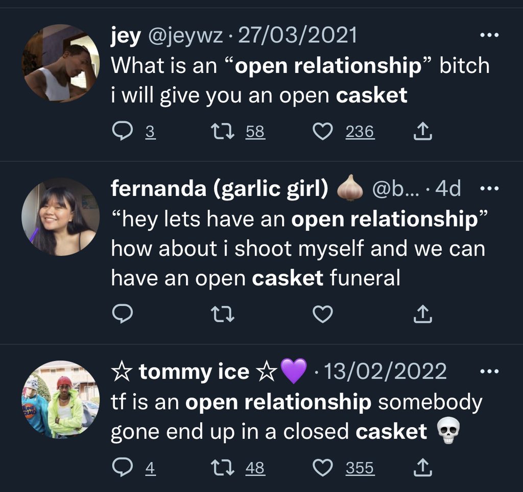 polyphiliablog's tweet photo. monogamous people will literally joke about murdering or threatening suicide if their partner tries to bring up the idea of an open relationship, and y’all still think polyamory isn’t stigmatised or a marginalised group https://t.co/uLDuWqGOy7