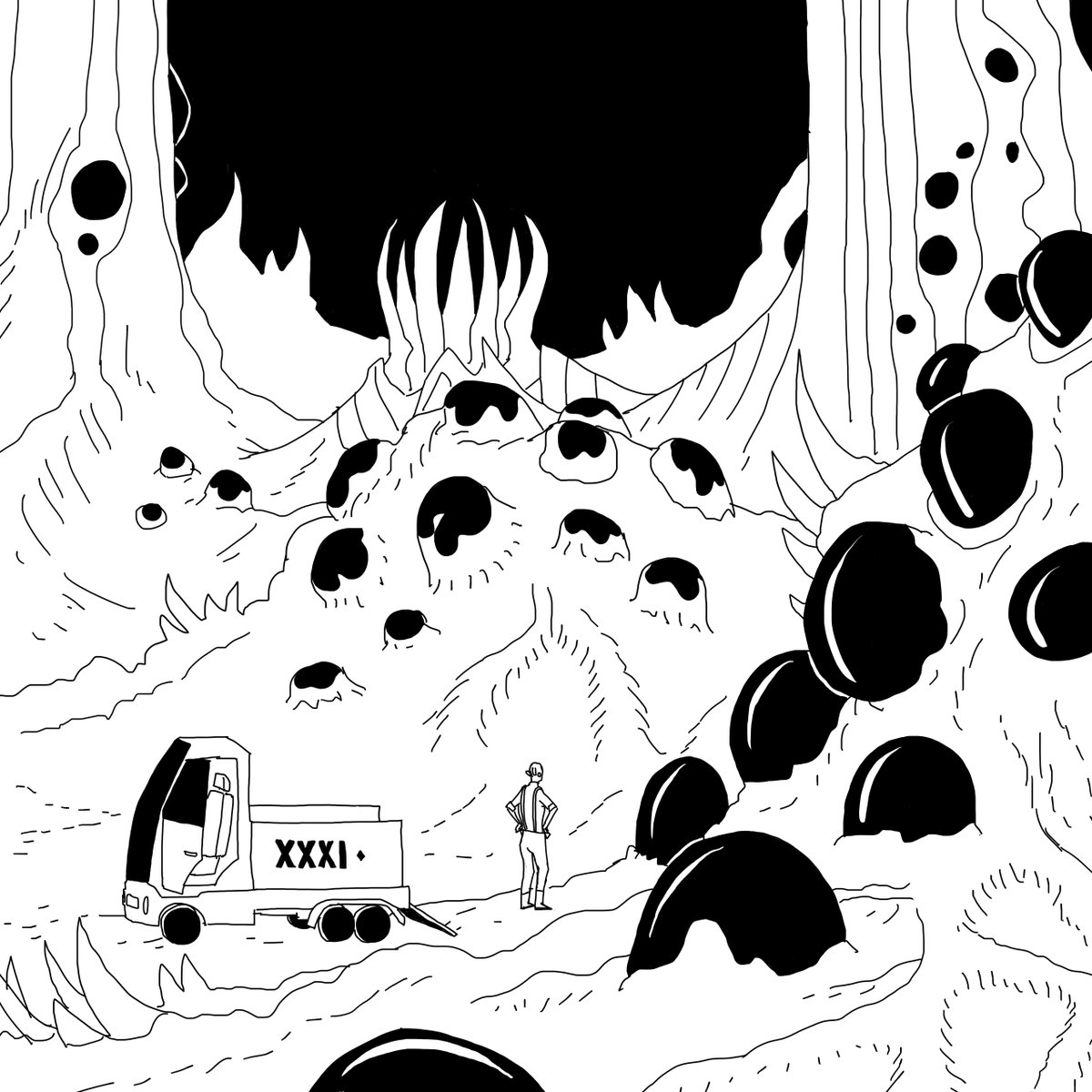 Xernist's tweet photo. >> FARM << My entry I made for the final #inktober day 31 in 2022.  #digitalart #DigitalArtist #illustration #blackandwhite #farm #egg #yeet #krita https://t.co/fmfwvQsbxL