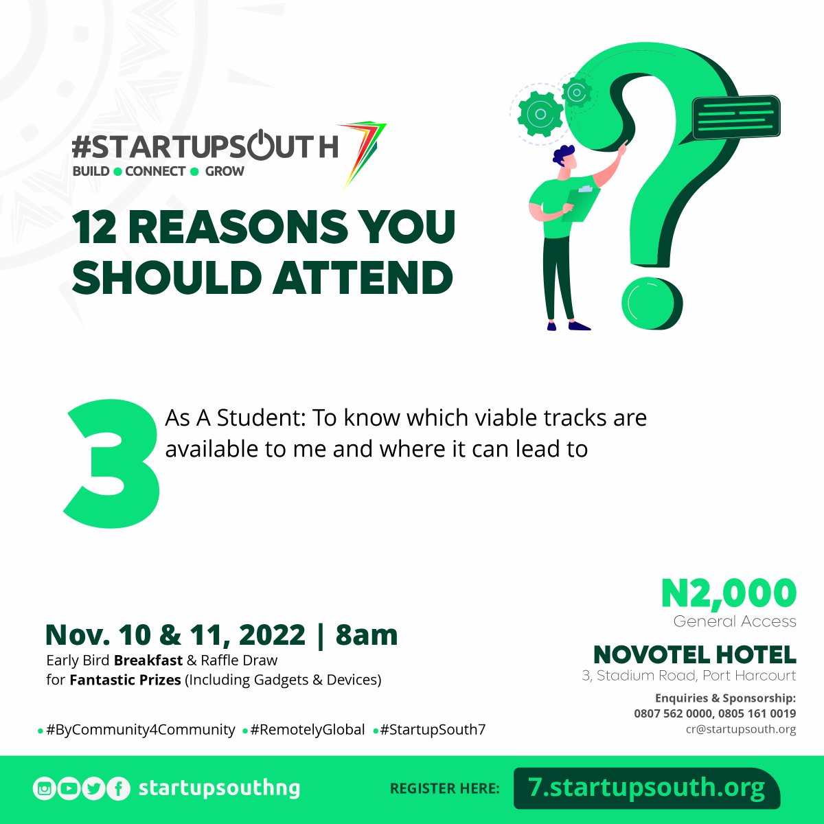 StartupSouthNg's tweet photo. 12 Reasons You Should Attend #StartupSouth7:

3. As a student, you will know the viable tracks available to you and where they can lead to

Register here: https://t.co/7IAuERmVd8

#StartupSouth7 #ByCommunity4Community https://t.co/AhH4m4CjvO