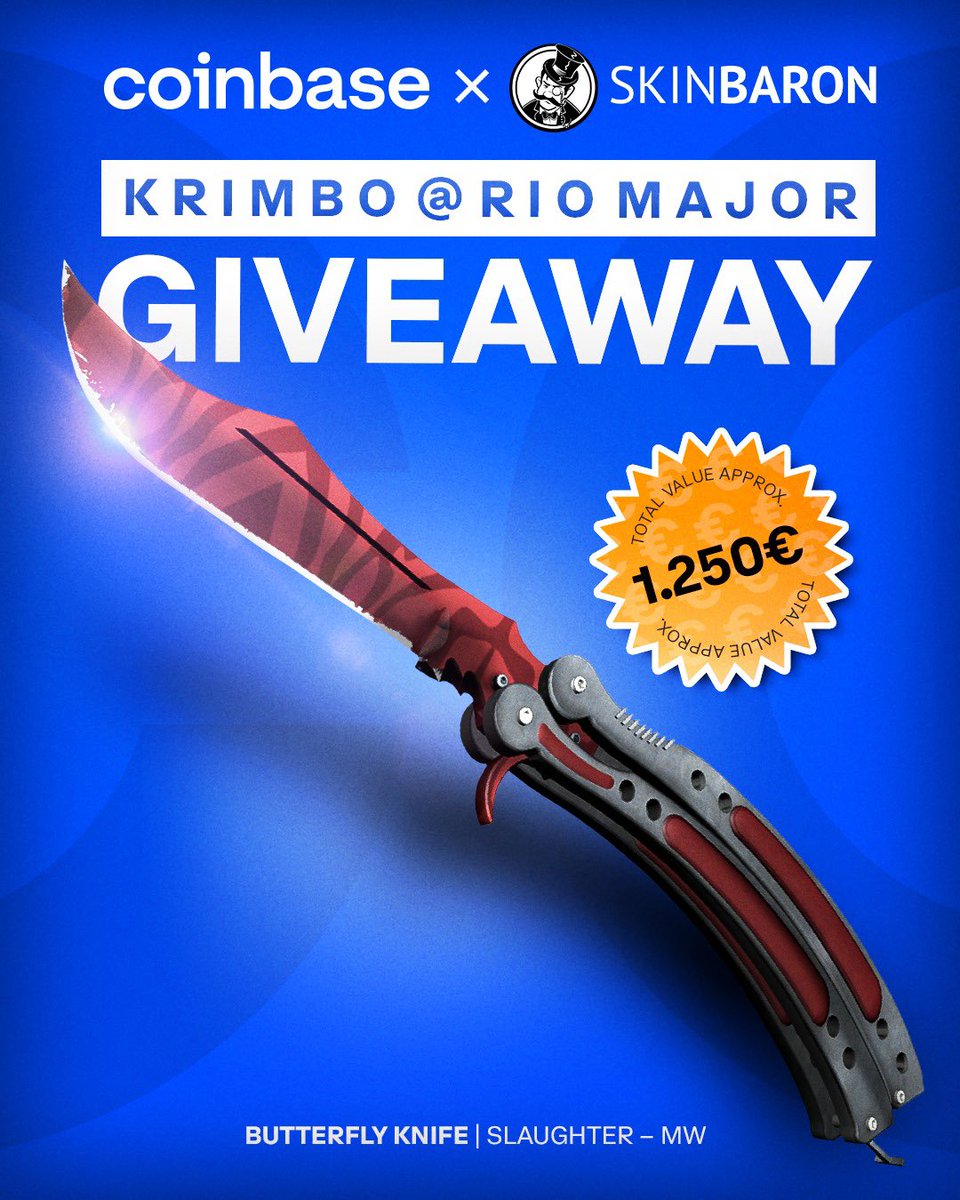 KrimboCS's tweet image. ᵂᴱᴿᴮᵁᴺᴳ
I am giving away the Butterfly Knife I will be playing the #RioMajor with! 🏆
 
To enter:
🔁 RT
✅ Follow @KrimboCS, @CoinbaseDE, @SkinBaronEN &amp;amp; @BIGCLANgg
👋 Tag a friend

I will reveal the winner on Nov 13! GL! 🔥