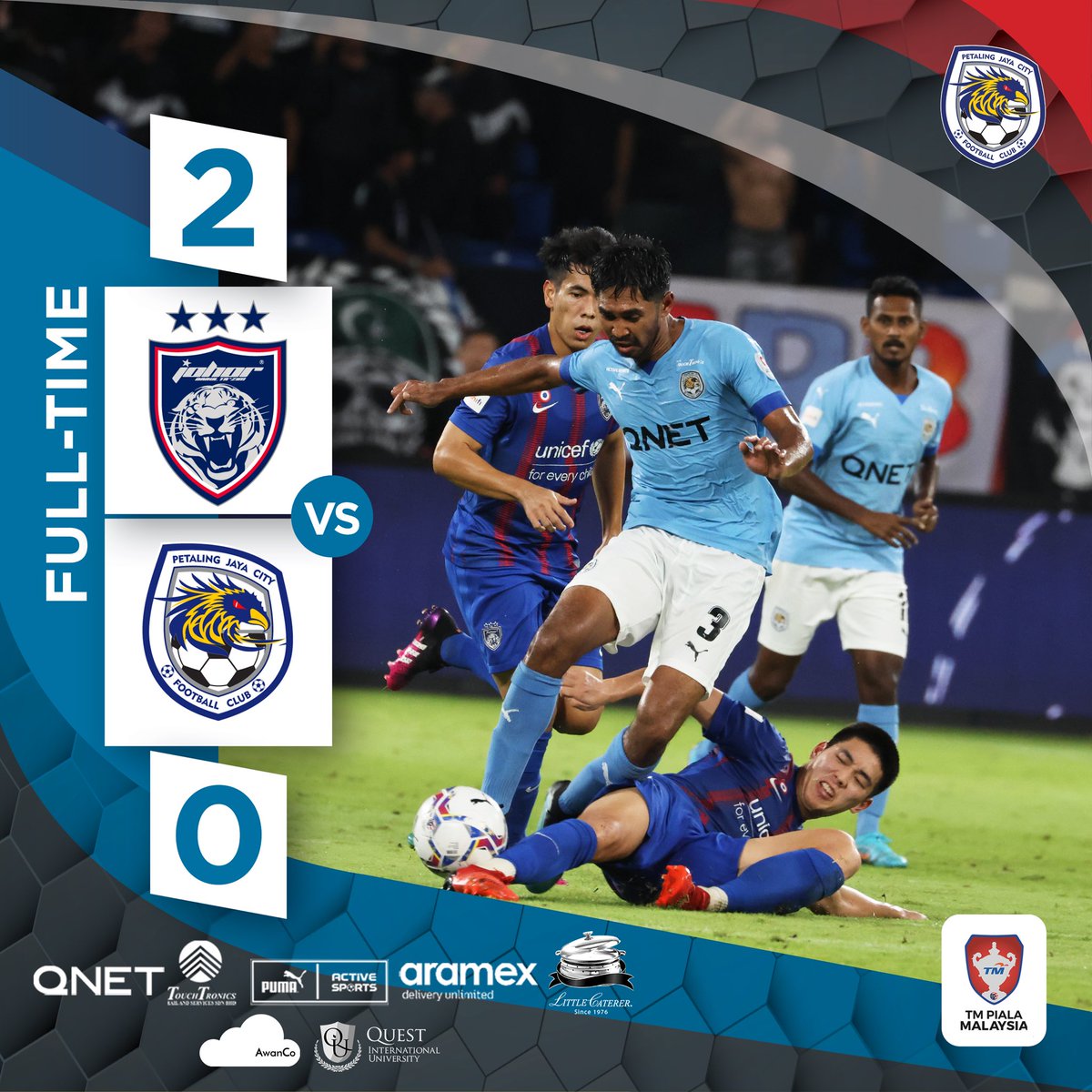 pjcityfc's tweet photo. Full-time score:   
   
Johor Darul Ta'zim FC 2-0 PJ City FC  
 
4' Bergson  
73'Forestieri 
 
Aggregate Score : Johor Darul Ta'zim FC 6-0 PJ City FC  
 
#YakiniLokal #ThePhoenix #QNET https://t.co/NKSCcgOsWw