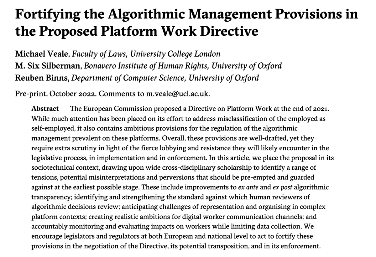 michael veale (@mikarv) on Twitter photo The EU’s proposed Platform Work Directive has broadly well-drafted protections on algorithmic management—new digital rights for individuals & collectives.
Platforms will fight this.
In our new 📝 <a href="/RDBinns/">Reuben Binns @RDBinns@someone.elses.computer</a> <a href="/trihybrid/">six silberman</a> + I propose strengthening tweaks doi.org/jjr2 🧵 The EU’s proposed Platform Work Directive has broadly well-drafted protections on algorithmic management—new digital rights for individuals & collectives.
Platforms will fight this.
In our new 📝 <a href="/RDBinns/">Reuben Binns @RDBinns@someone.elses.computer</a> <a href="/trihybrid/">six silberman</a> + I propose strengthening tweaks doi.org/jjr2 🧵