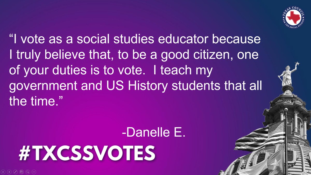 TxSocialStudies's tweet photo. “I vote as a social studies educator because I truly believe that, to be a good citizen, one of your duties is to vote. I teach my government and US History students that all the time."
-Danelle E.
#EducatorVotingDay! #txcssvotes #txed #vote https://t.co/65e8fa6kD5