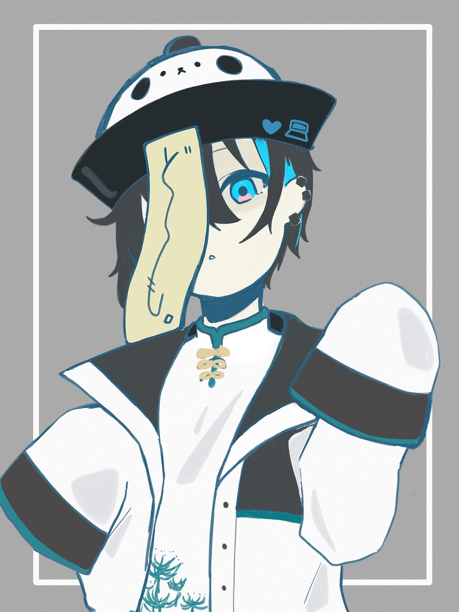 1boy male focus solo black hair hat blue eyes sleeves past wrists  illustration images