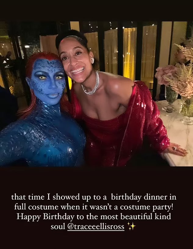 Kim Kardashian showed up to Tracee Ellis Ross' 50th birthday in full costume as Mystique, just to find out it was not a costume party.