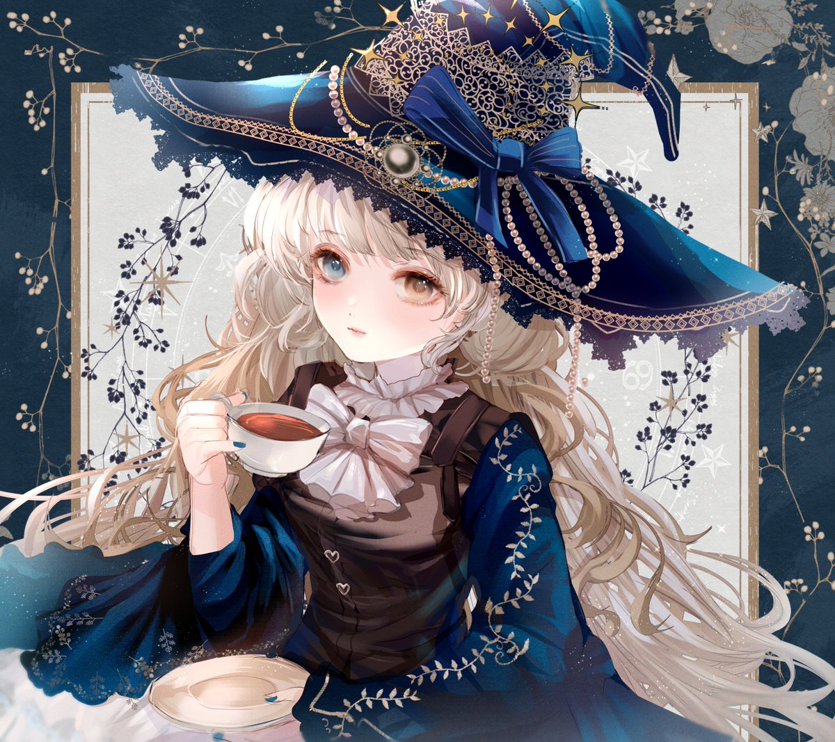 1girl hat solo witch hat cup long hair teacup  illustration images