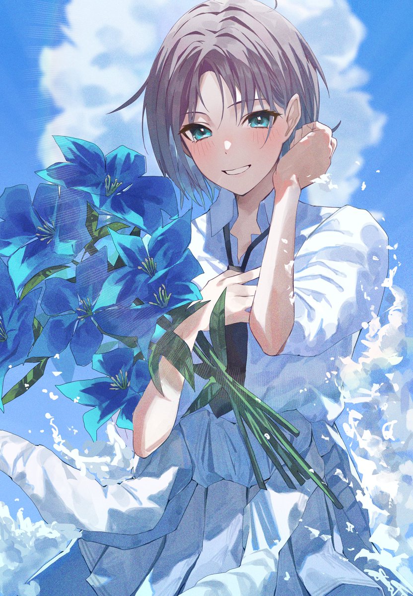 asakura toru 1girl solo flower clothes around waist smile shirt sky  illustration images