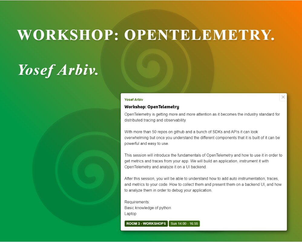 PythonIreland's tweet photo. Join us on Sunday 13th of Nov. for an OpenTelemetry workshop, presented by Yosef Arbiv!
OpenTelemetry is a collection of tools used to export telemetry data and logs, to analyze your software or apps performance.
#PyConIe #PyConIe22 #Python #PyCon https://t.co/diGoggghtn