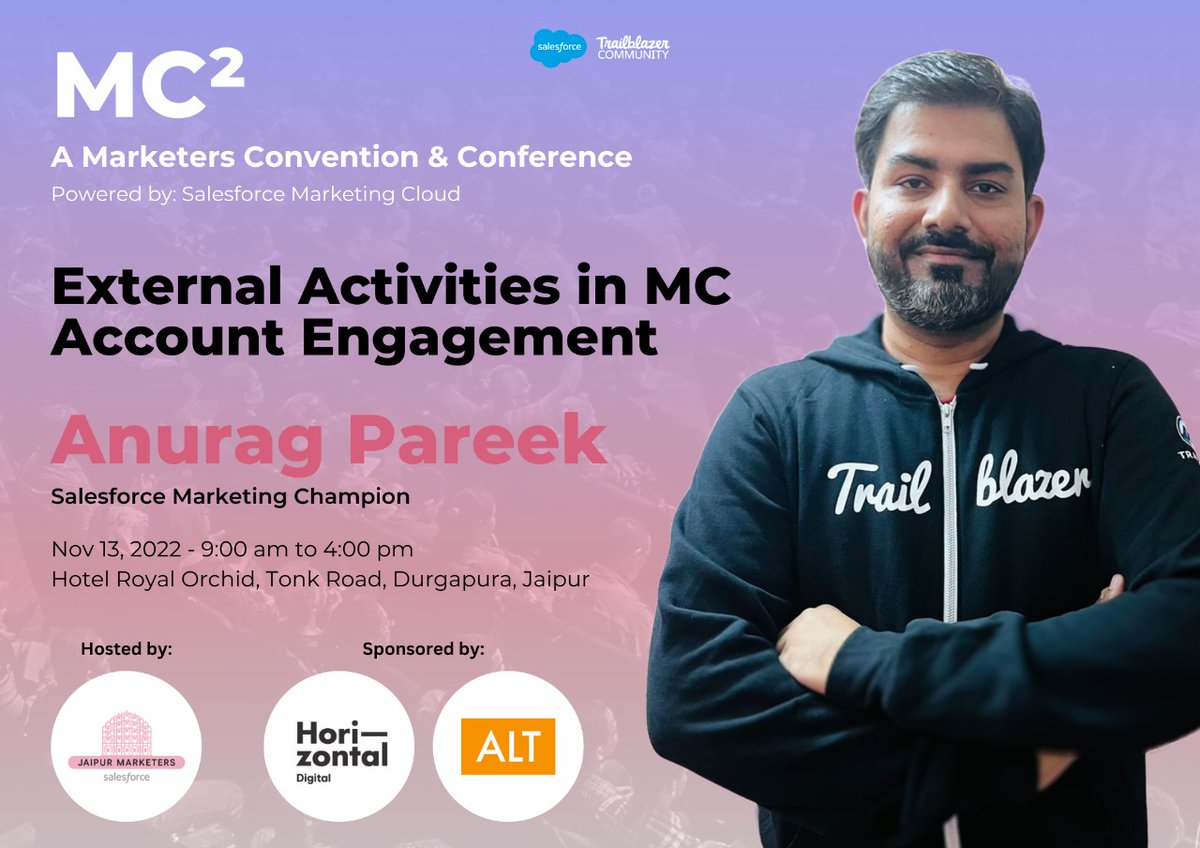 Join us to learn from our MCAE expert Anurag Pareek☁ about "How to incorporate external activities in MCAE( Pardot)".

Register here lnkd.in/d6uZpXgs to join the fun learning and networking on 13 Nov @ Hotel Royal Orchid, Jaipur.
#marketingchampions #momentmarketers #sfmc