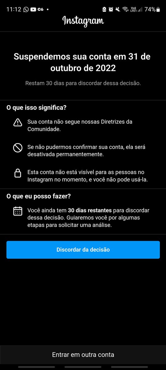 O Instagram baniu minha conta... entendi foi nada. Quase não sou ativa lá, quase n posto nada... muito menos ofensivo.