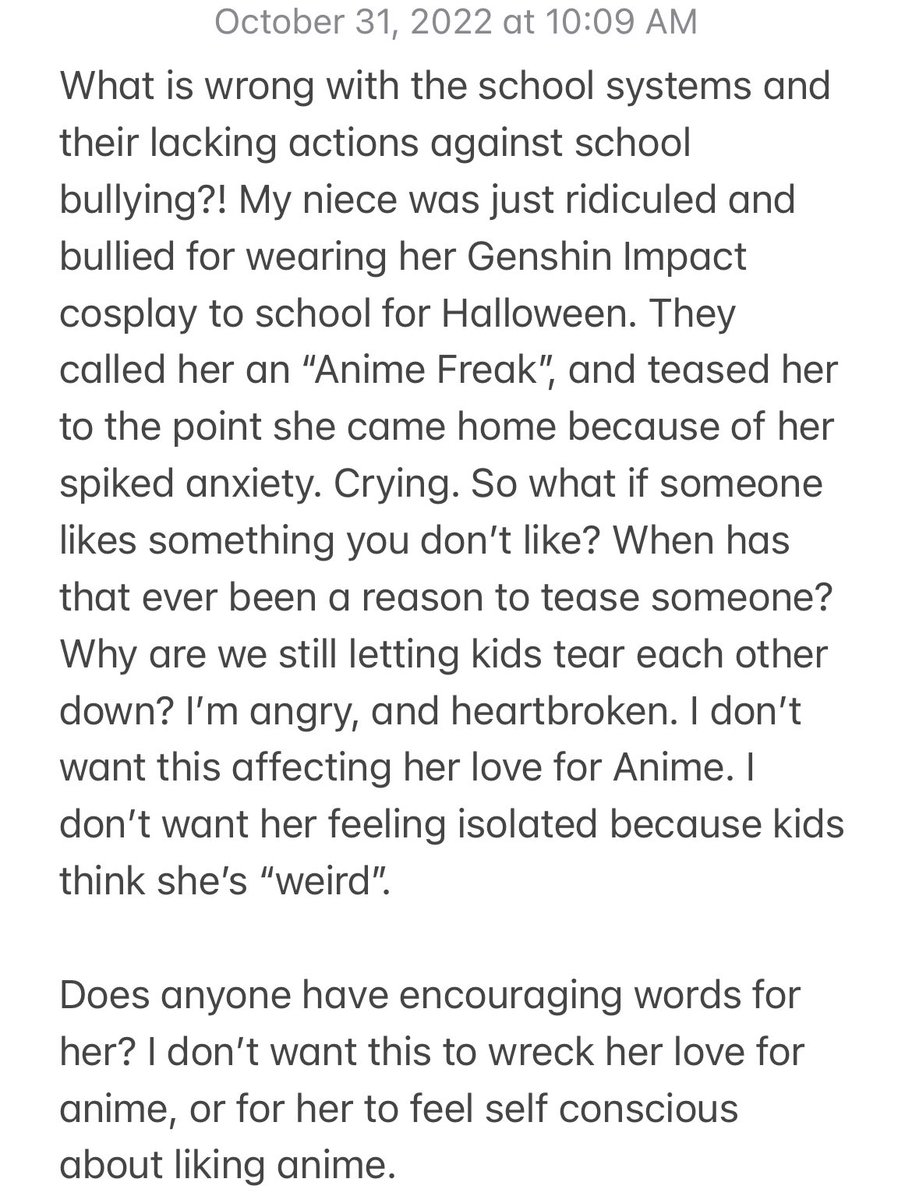 _spencer94_'s tweet photo. My niece just got bullied for dressing up as a Genshin Impact character for Halloween at school, more details in photo. Can we send her some love?  #stopbullying #GenshinImpact #anime #AnimeGaming #animecosplay #GenshinImpactcosplay #spreadlove https://t.co/ETd9IGNfLU