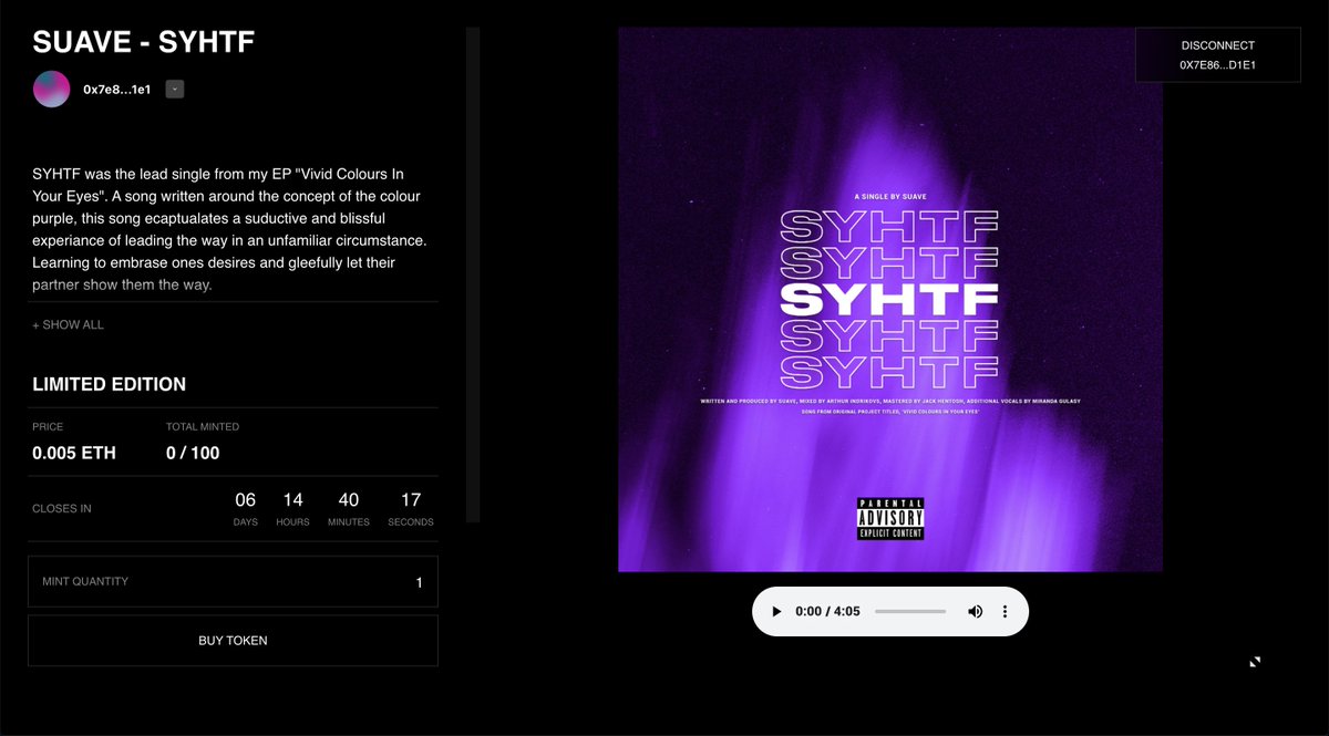 💙 SYHTF 💙

This is week 3/6 of my on going series and its heating up! 

One of my favorite songs i've ever made. 

Open edition lasts one week!

Price: 0.005
Unlimited transactions. 

app.manifold.xyz/c/SYHTF
