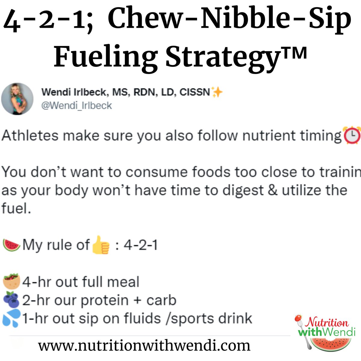 'Wendi, what should we be eating leading up to the competition? What portions? What about timing?' I get asked this daily! So years ago I developed the fueling strategy that has helped MANY effectively fuel performance without confusion. '4-2-1; Chew-Nibble-Sip Strategyᵀᴹ