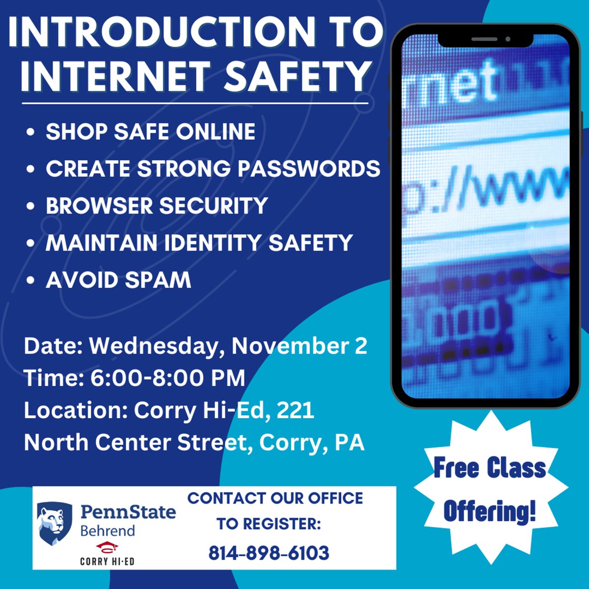 BehrendCWP's tweet photo. The internet can be a scary place, so don’t get spooked

This FREE INTERNET SAFETY course has tricks &amp; treats to keep your family &amp; identify safe.

Registration takes a minute. Classes are held at the Corry HIED 

Learn more or Register, Call: 814-898-6103
https://t.co/L8aTl0SSUd https://t.co/lQi3pY2drg