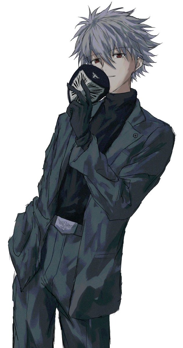nagisa kaworu 1boy male focus solo red eyes holding gloves grey hair  illustration images