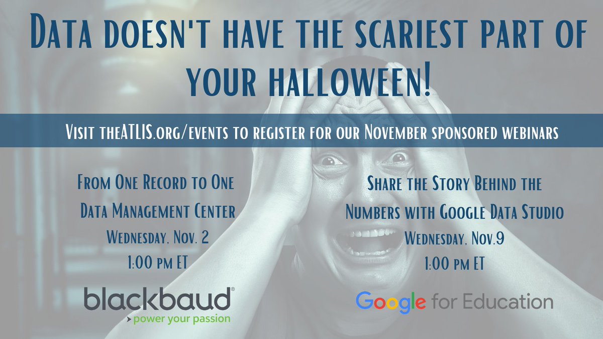 Is managing data giving you the Halloween scaries? Our fall series sponsors <a href="/blackbaud/">Blackbaud</a> and <a href="/GoogleForEdu/">Google for Education</a> are here to help! Register for both of these upcoming webinars and have one less spooky thing to tackle while you eat your candy. theatlis.org/events
#ATLIS #indyschools
