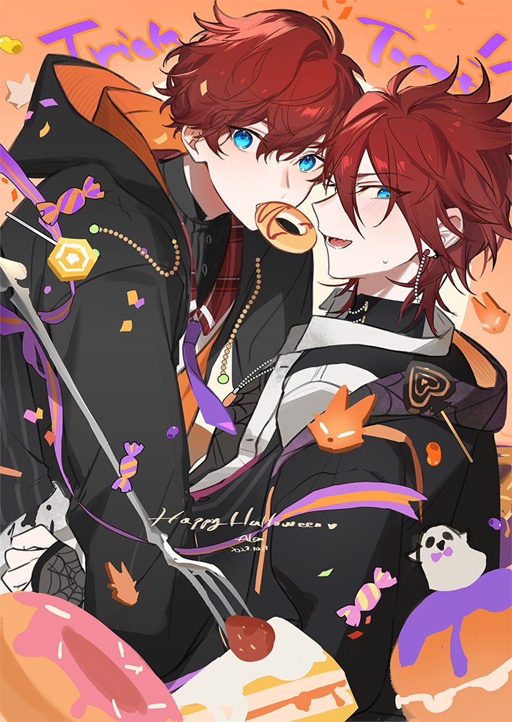 food multiple boys 2boys male focus red hair blue eyes cake  illustration images