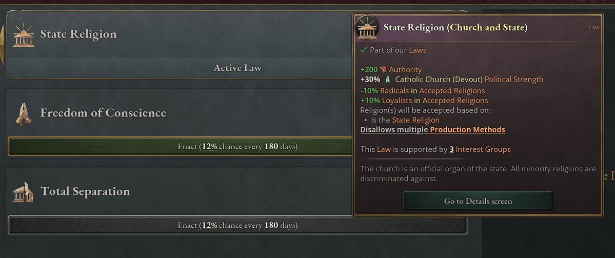 It's teaser time again! One of the things we're looking at in upcoming <a href="/PDXVictoria/">Victoria 3</a> patches is balancing cultural/religious tolerance laws by having more restrictive laws increase the loyalty of accepted pops, so there is an actual trade-off involved.