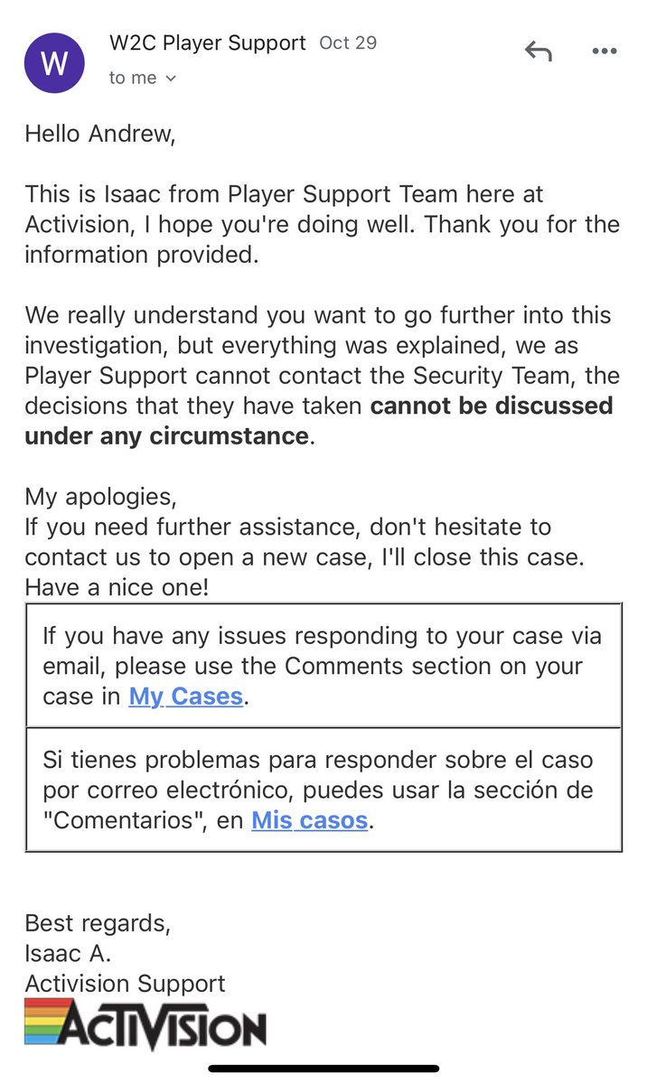 xDrevity's tweet photo. @NerosCinema @charlieINTEL @ModernWarzone Looks like @ATVIAssist cannot even contact their security team to get information about the #CASERMARHINO ban! That is crazy to me because other than through forums/reddit, how else would they gather enough evidence to see a pattern of false bans? https://t.co/AjfxnIbwTV
