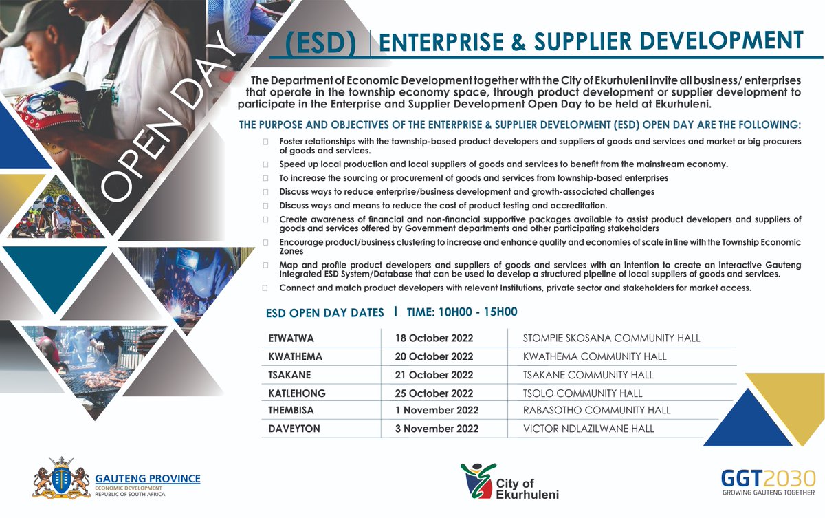 City_Ekurhuleni's tweet photo. Calling businesses/enterprises that operate in the township economy space - this Enterprise and Supplier Development Open Day is for you❗️  Only 2️⃣days left - see details below👇
#CoEWorks https://t.co/7q8uiZUB7r