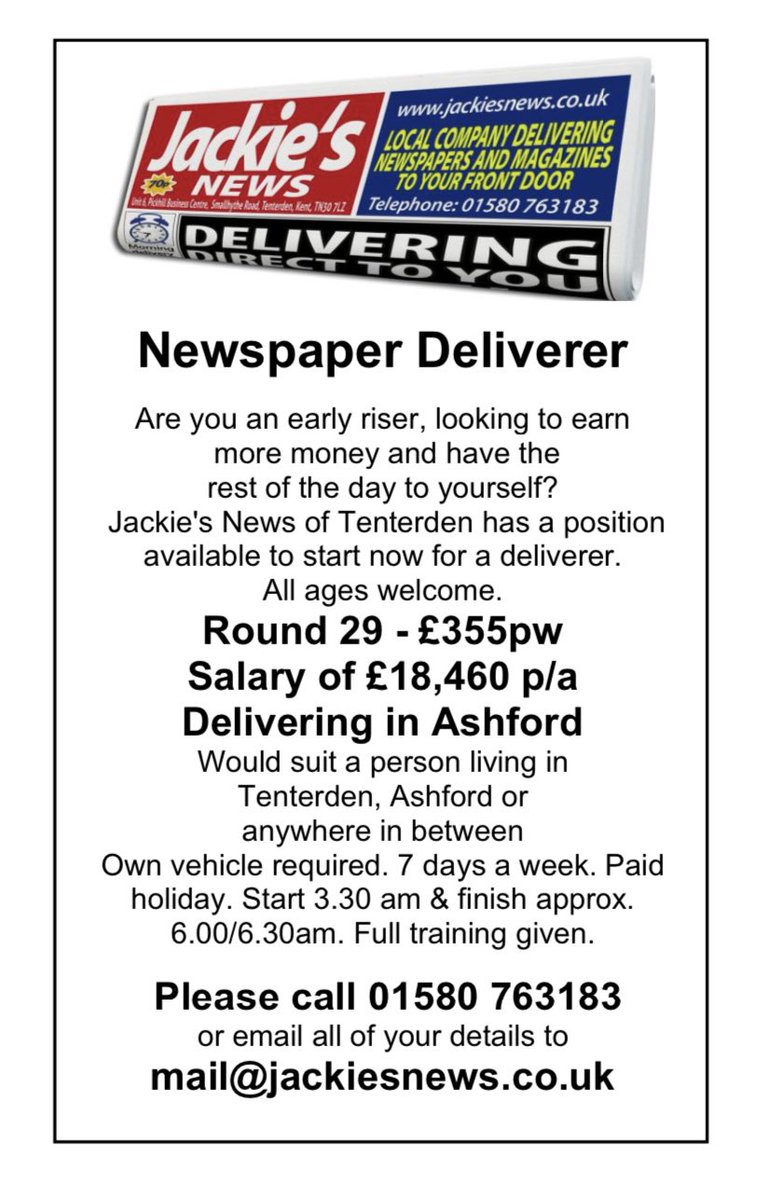 Job available for immediate start
please email your details to mail@jackiesnews.co.uk