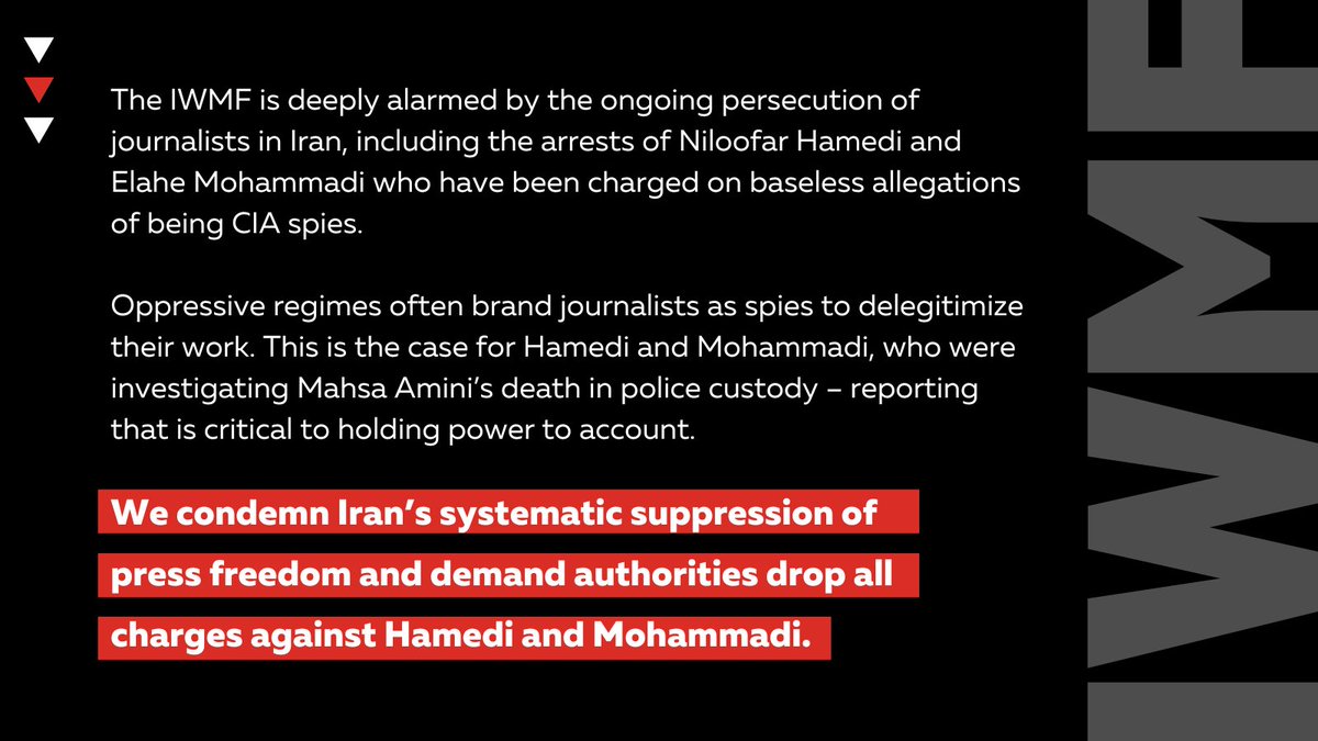 45 journalists have been arrested in #Iran since protests broke out in September (@pressfreedom), including #NiloofarHamedi and #ElaheMohammadi. We demand these unsubstantiated charges be dropped and both women be released immediately. washingtonpost.com/world/2022/10/…