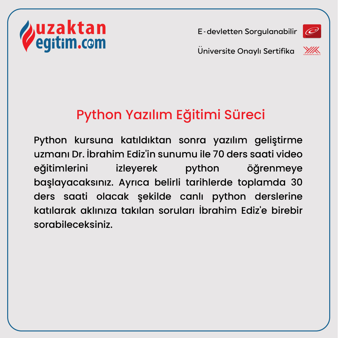 Daha fazla bilgi ve kampanyalar için bizimle iletişime geçebilirsiniz 😊

#python #pythonprogramming #uzaktaneğitim #canlıders #onlinesınav #edevlet #sorgulanabilirsertifika #üniversiteonaylısertifika